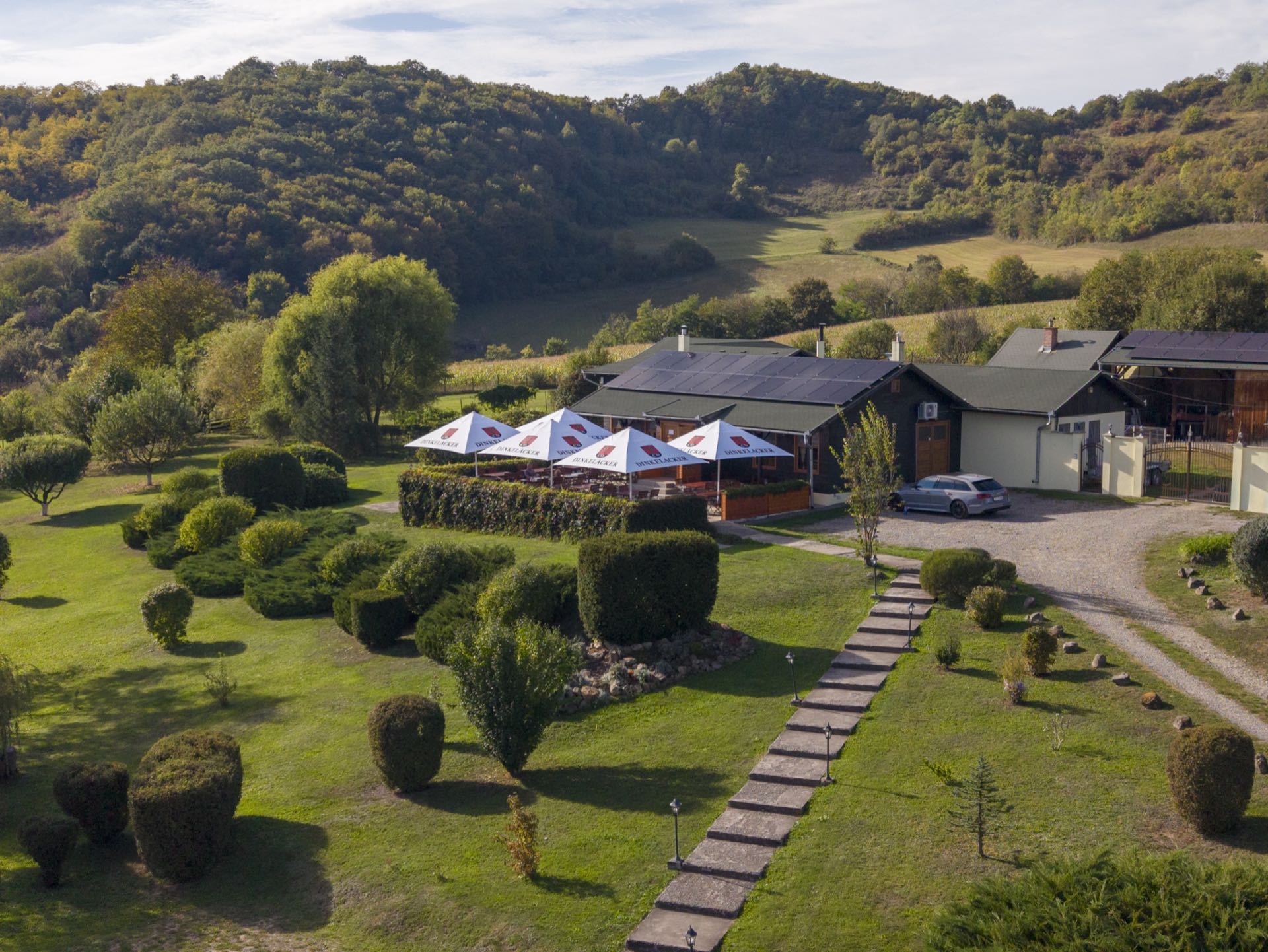 Luftaufnahme des Schwabenhof mit Terrasse und grüner Hügellandschaft